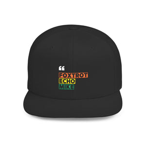 Foxtrot Echo Mike Flat Bill Snapback | One Size Fits Most | Black, Black/Teal, Dark Heather, Black/Red, Green Camo, Black/Silver