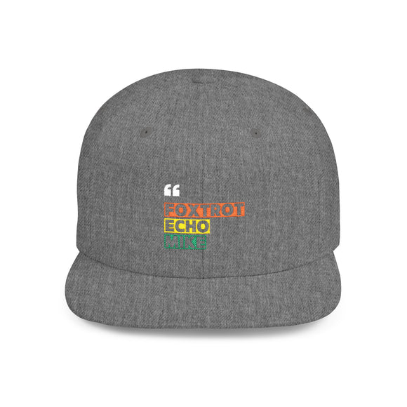 Foxtrot Echo Mike Flat Bill Snapback | One Size Fits Most | Black, Black/Teal, Dark Heather, Black/Red, Green Camo, Black/Silver